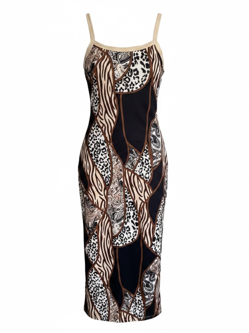 Sleeveless Animal-Print Midi Dress in Brown & Black